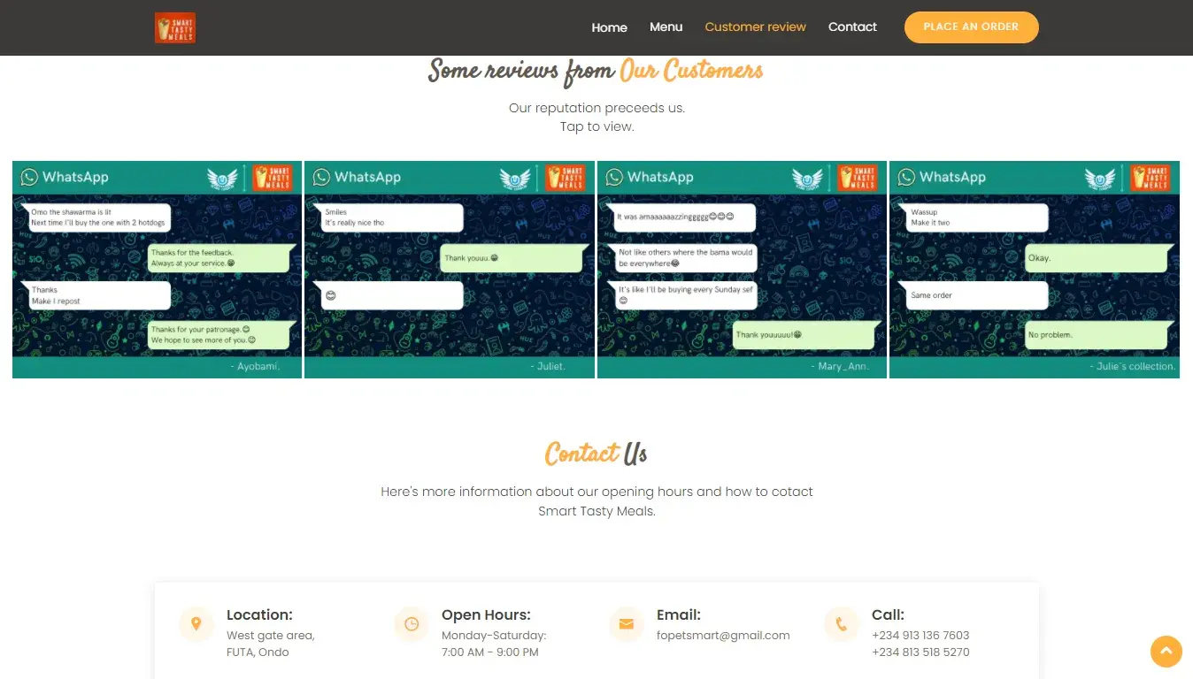 Screenshot of Smartymeals website designed by Ultima Expertise
